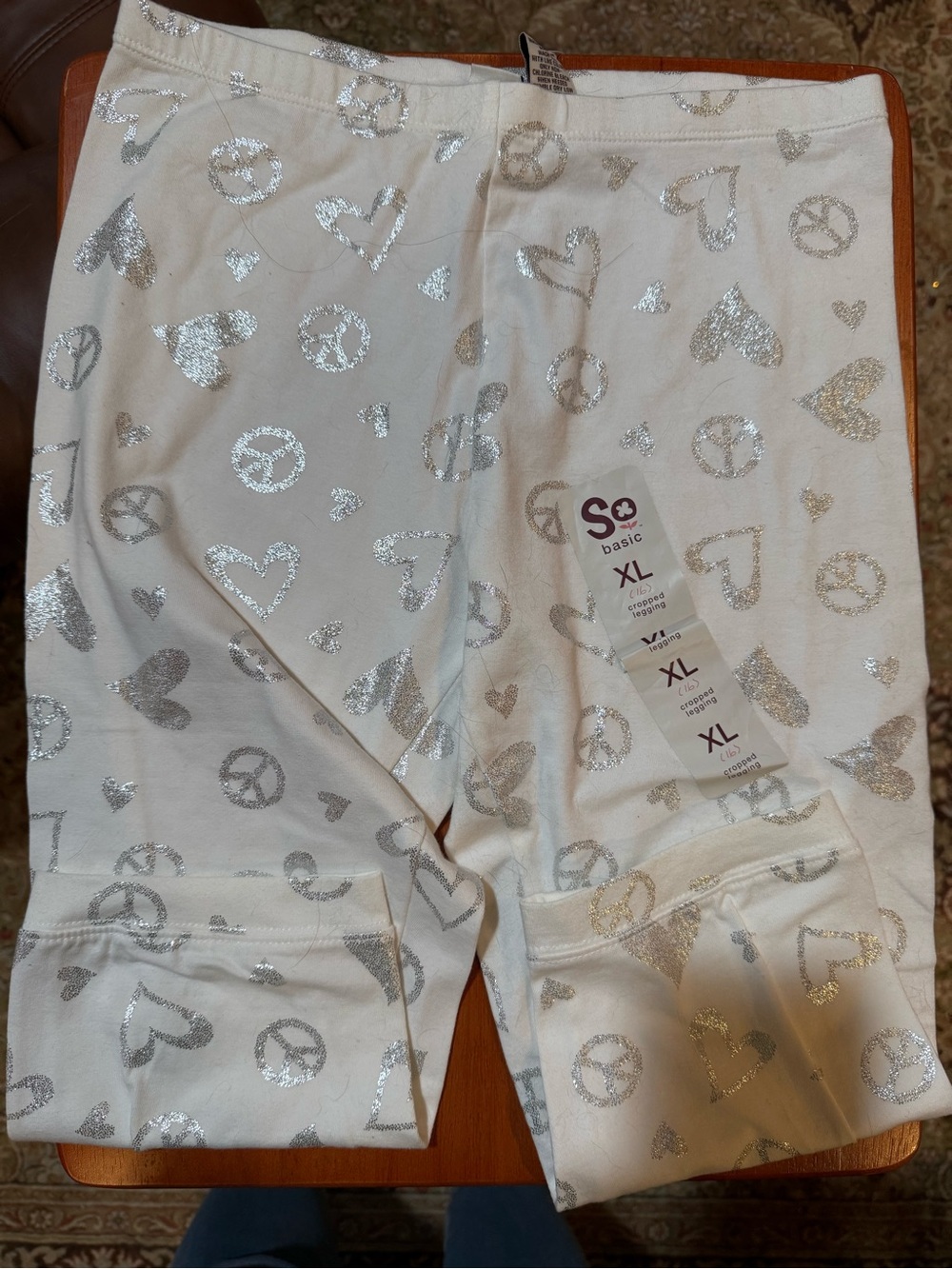 SO XL Cropped Leggings - White with Silver Glitter Hearts